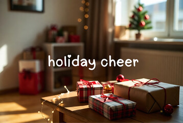 Obraz premium Holiday cheer; Presents and decorations are displayed on a table in a warmly lit room.