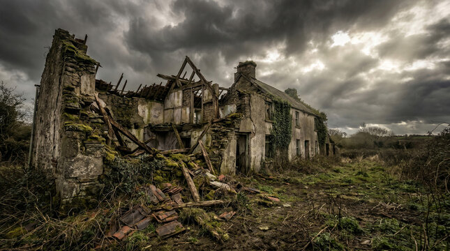 Abandoned old ruined house in countryside.