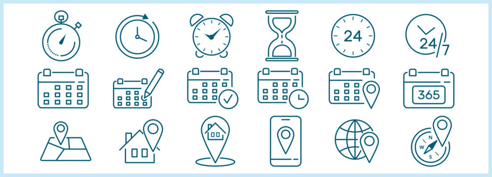 Time date location line icons set. Stopwatch, alarm clock, hourglass, calendar event, map pin, home marker, compass, outline vector illustrations. Linear pictogram for business. Editable Stroke.