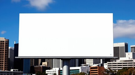 Fototapeta premium Blank billboard on sunny day against city buildings. Clean large outdoor ad panel ready for custom graphics. Modern advertising space in urban setting with blue sky.