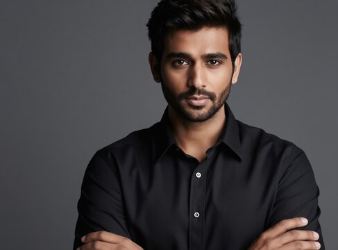 Young Indian man with beard arms crossed in black shirt. Confident male studio portrait, grey background. Attractive person, direct gaze, professional look, modern style.