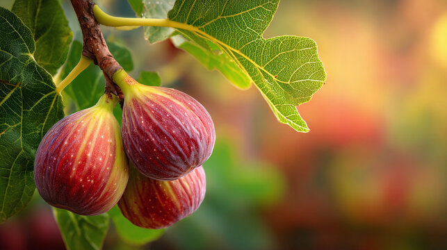 Figs on tree in garden, Ripe figs hanging tree in natural warm sunlight background