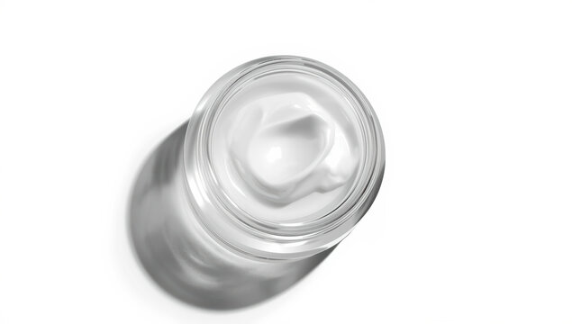 Open cosmetic jar with white cream texture, minimal high key top view, soft shadow
