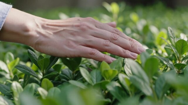 Close-up of a hand gently touching the lush green leaves of a healthy shrub, showcasing a connection with nature