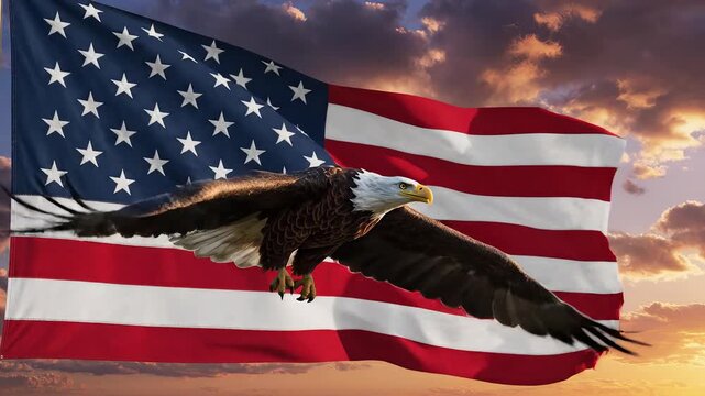 Eagle flying in front of American flag for outdoor lifestyle brands and nature documentaries