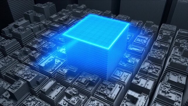 ネットワーク向けの黒背景に青い中心ブロックを持つ都市グリッド