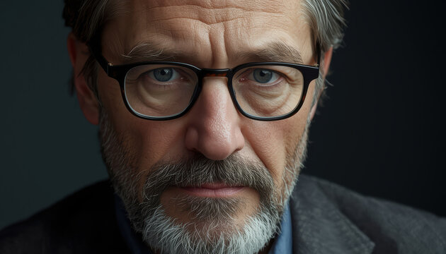 Mature man with thoughtful expression wearing glasses and beard