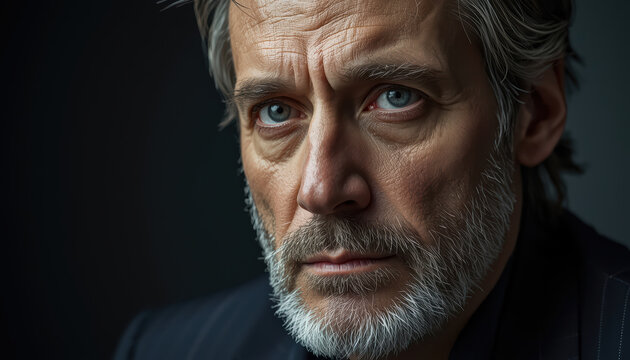 Wise gray haired man with intense blue eyes and beard in moody portrait