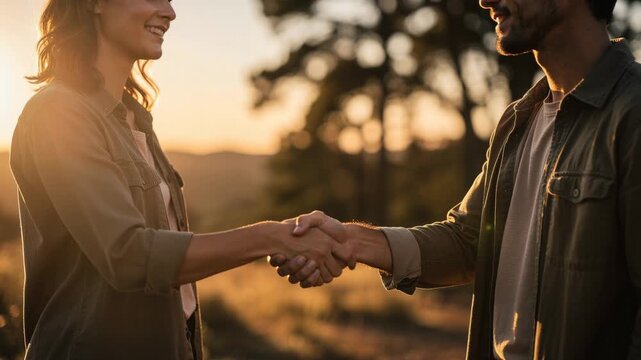Two people warmly shaking hands outdoors in golden sunset light symbolizing trust and partnership