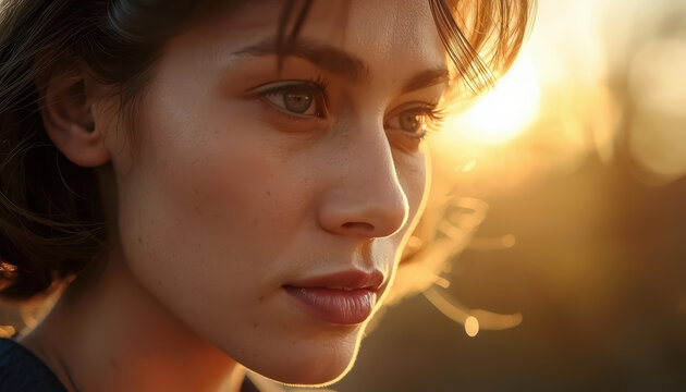 Young woman portrait with warm sunset glow and soft natural expression