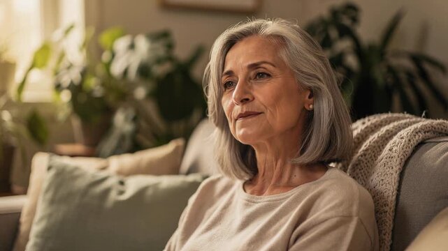 Serene elderly woman with silver hair smiling softly while sitting comfortably in a cozy setting