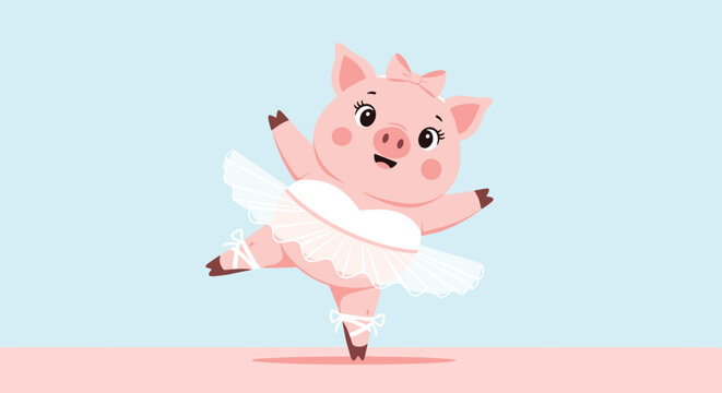 Adorable pink pig wearing a white tutu and ballet shoes dancing on one leg against a soft blue and pink background, cute character.