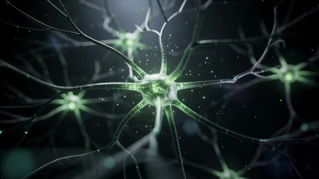 Glowing neuron network transmitting signals through branching dendrites in dark background