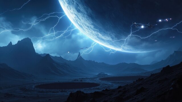 Moonlit scene of another world with rocky terrain and a bright moon, lightning strikes illuminate the sky.