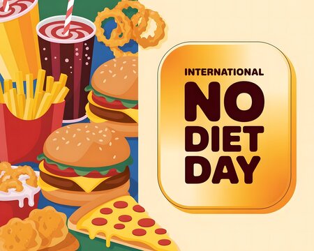 International No Diet Day Illustration with Fast Food Items and Bold Celebration Message
