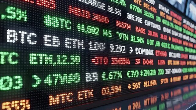 Digital Stock Market Ticker Displaying Cryptocurrency and Financial Data.