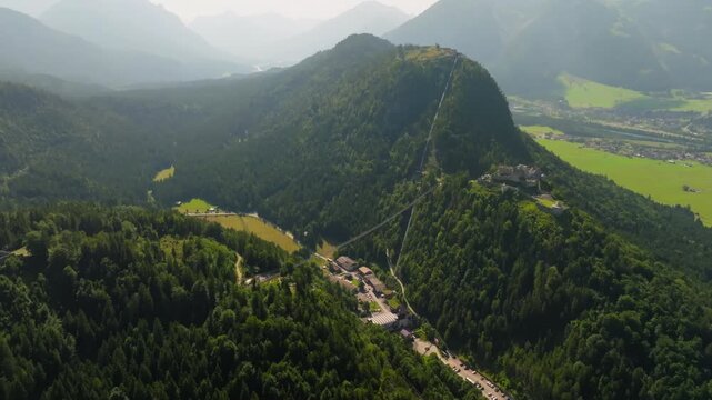 Aerial view of Highline 179 bridge in Austria. Suspension bridge in the nature landscape of Alpine mountains, tourist places of Europe.
