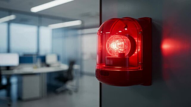 Red emergency alarm light flashing urgently on wall in sleek modern office interior