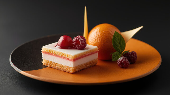 Modern layered mousse cake with raspberry garnish and chocolate sphere