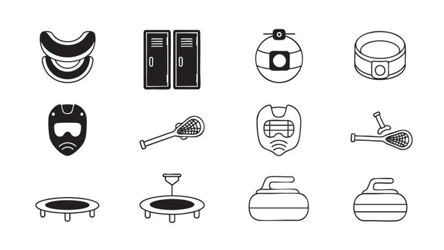 Collection of outlined sports equipment and game icons.