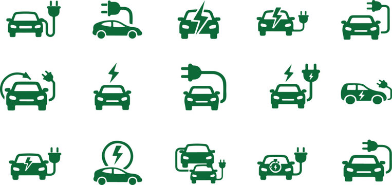 Electric vehicle charging icons set with various plug and lightning bolt symbols for ecofriendly transportation and energy concepts