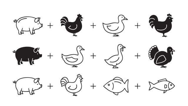 Diverse collection of outline farm animal and fish icons