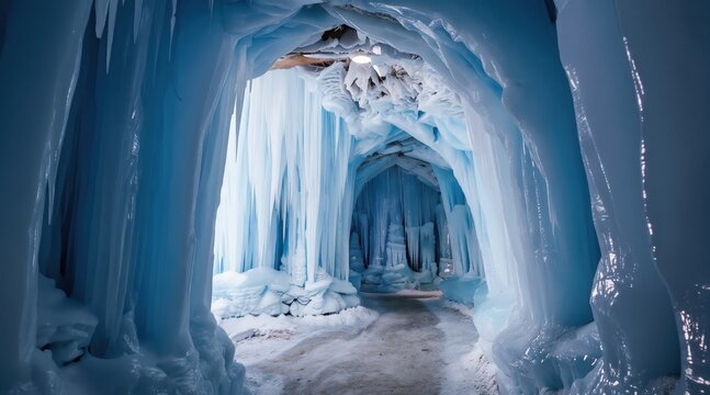 Icicle cave passage with frozen formations. Blue ice walls and ceiling create a natural winter tunnel. Snow covers ground path inside grotto.