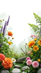 Fototapeta premium Rose garden with blooming flowers on stones.