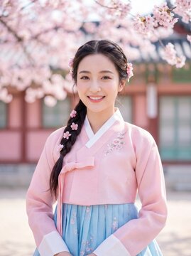 Photorealistic portrait of smiling Korean woman wearing traditional hanbok with braided hair standing amidst blooming cherry blossoms under soft cinematic daylight in this ethereal shot

