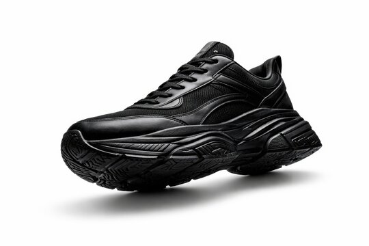 Black chunky sole athletic sneaker with mesh and leather details