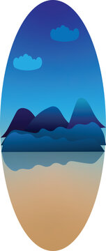 Serene Mountain Range by Calm Lake Under Blue Dusk Sky with Clouds, Flat Nature Vector for Outdoor Adventure and Travel Backgrounds