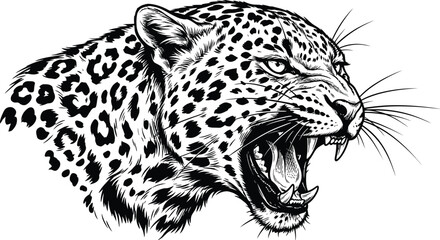 Roaring leopard head silhouette, detailed black and white wild cat illustration. © Nasir