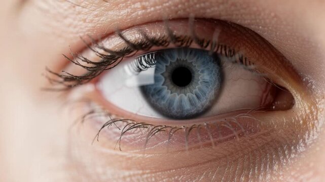 Mesmerizing close up of a blue eye slowly blinking with detailed iris texture and natural beauty