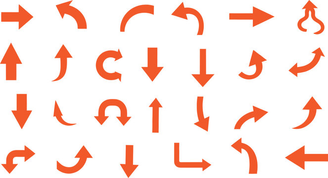 Collection of orange arrows diverse directions and shapes for visual communication