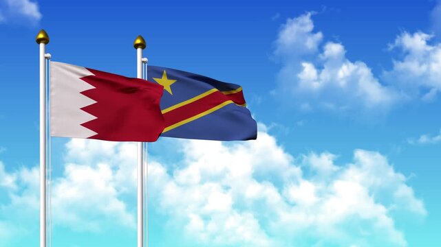 Waving flags of BAHRAIN and CONGO DEMOCRATIC REPUBLIC on pole included with alpha
