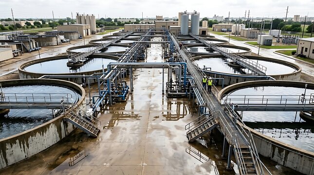 Industrial Water Treatment Facility with Large Circular Clarifiers and Pipelines in Outdoor Setting