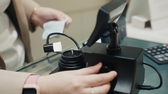 Jeweler inspecting diamond ring with gemscope equipment