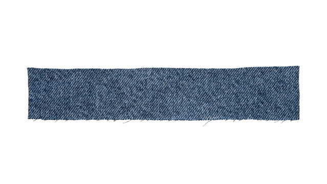Blue denim fabric swatch, strip, rectangular piece of jeans material isolated on transparent background.