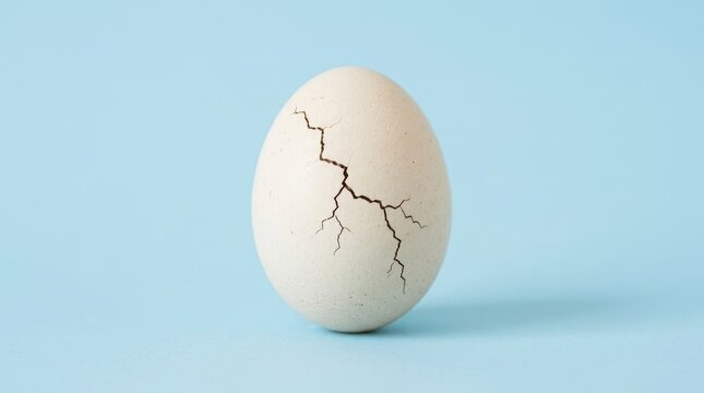 A cracked egg on light blue background symbolizing new beginnings fragility and potential for life and transformation