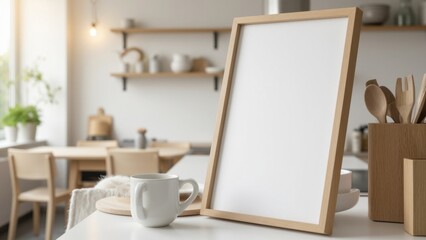 Fototapeta premium Blank presentation board on wooden stand in modern kitchen.