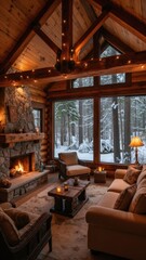 Fototapeta premium A cabin's interior decorated for Christmas, showcasing a warm and cozy atmosphere with holiday touches.