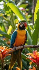 Obraz premium The vivid and lively parrot is sitting on a branch, surrounded by brightly colored flowers.