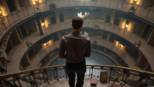 The image portrays an actor preparing to perform on stage. He is in a theater setting, possibly rehearsing or waiting for his cue.