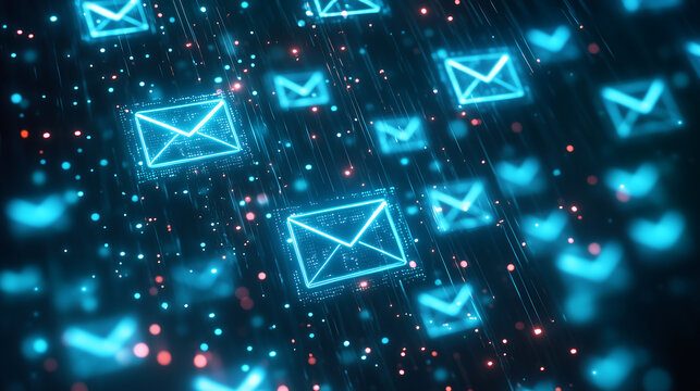 Glowing digital envelopes and symbols on a dark background with red and blue lights.
