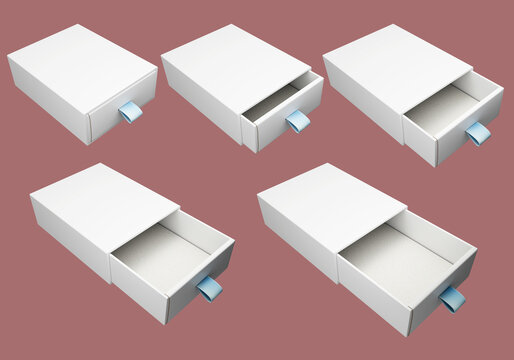 Storyboard of opening the box, mockup for a drawer-style box, packaging mockup set for animation, white cardboard gift packaging with a blue silk ribbon, move, motion frames