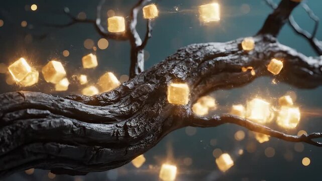Glowing cubes on a dark tree branch perfect for UI/UX design and motion graphics