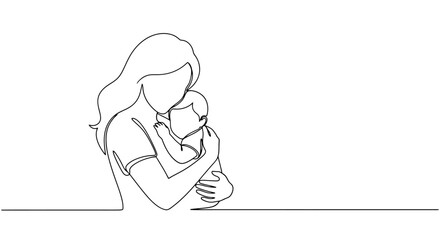 Obraz premium Continuous line drawing of a mother holding her newborn baby in arms