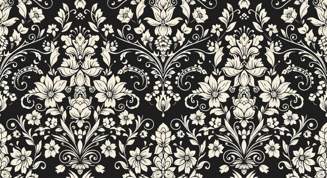 Seamless floral damask wallpaper with graceful curves and elegant composition