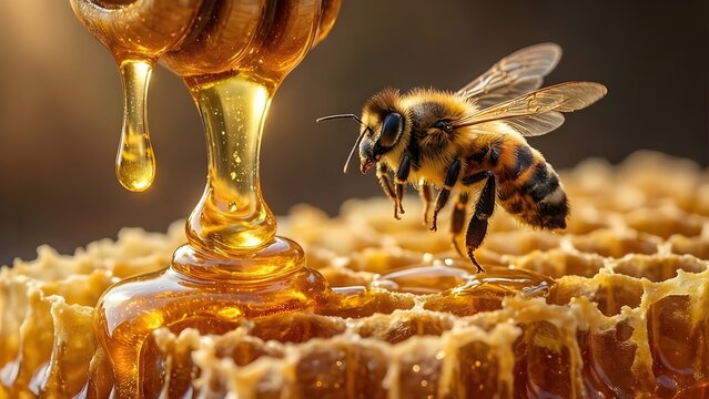 Dramatic close-up of a honey bee flying next to a honey dipper with dripping organic raw honey over a honeycomb