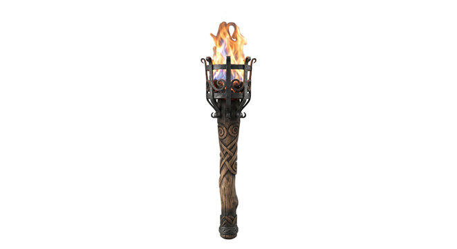 Antique wooden torch with flaming metal cage